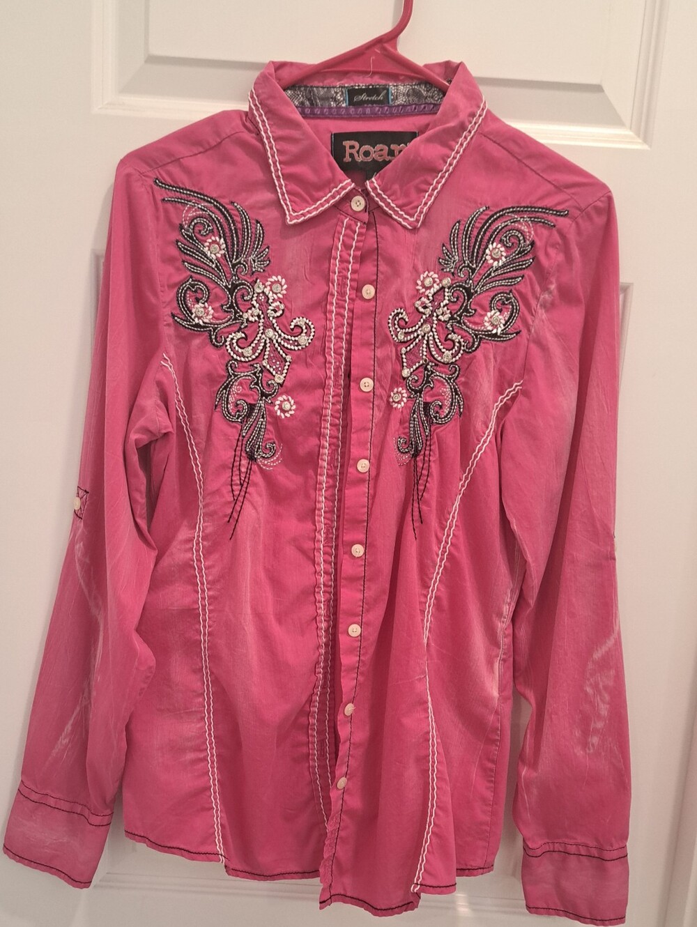 Roar Embroidered Pink Button-Up Shirt